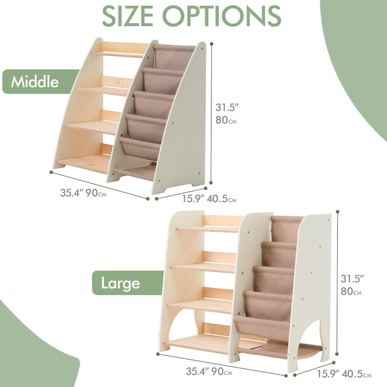 May include: Wooden bookshelf with a cream-colored frame and natural wood shelves. The bookshelf has a stair-step design with fabric pockets. The dimensions are 35.4 inches wide, 15.9 inches deep, and 31.5 inches tall. The text "SIZE OPTIONS" is at the top.