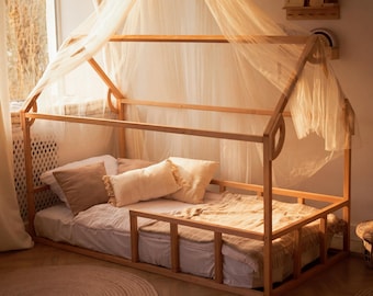 Montessori House Bed Frame with Rails, Premium Beech Wood Toddler Floor Bed, Wooden Nursery Bed, Montessori furniture, Kids furniture