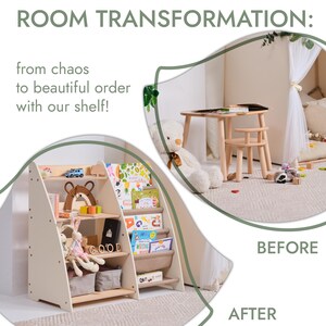 May include: A cream-colored wooden bookshelf with multiple shelves, filled with books, toys, and decorative items. The text "ROOM TRANSFORMATION" and "from chaos to beautiful order with our shelf!" are visible. The image shows a before and after room transformation.