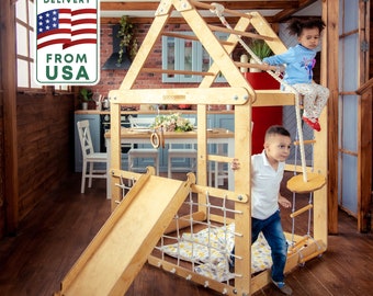 Playground for Kids 1 - 7 years old - Montessori play gym + play house + climb tringle + jungle gym, Indoor playhouse - Toddler climbing gym