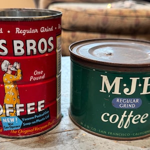 Cool Antique Hills Bros. & MJB Coffee Tins with Man Drinking Coffee
