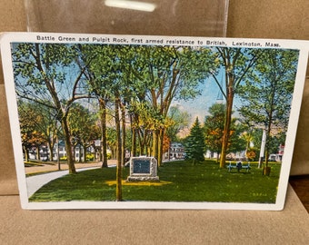 Beautiful Colorized Battle Green and Pulpit Rock Lexington Massachusetts White Border Post Card