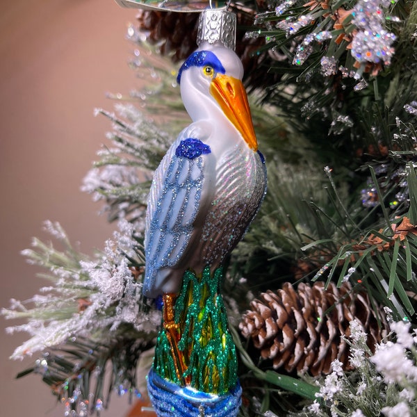 Great Blue Heron Old World Christmas Glass Ornament