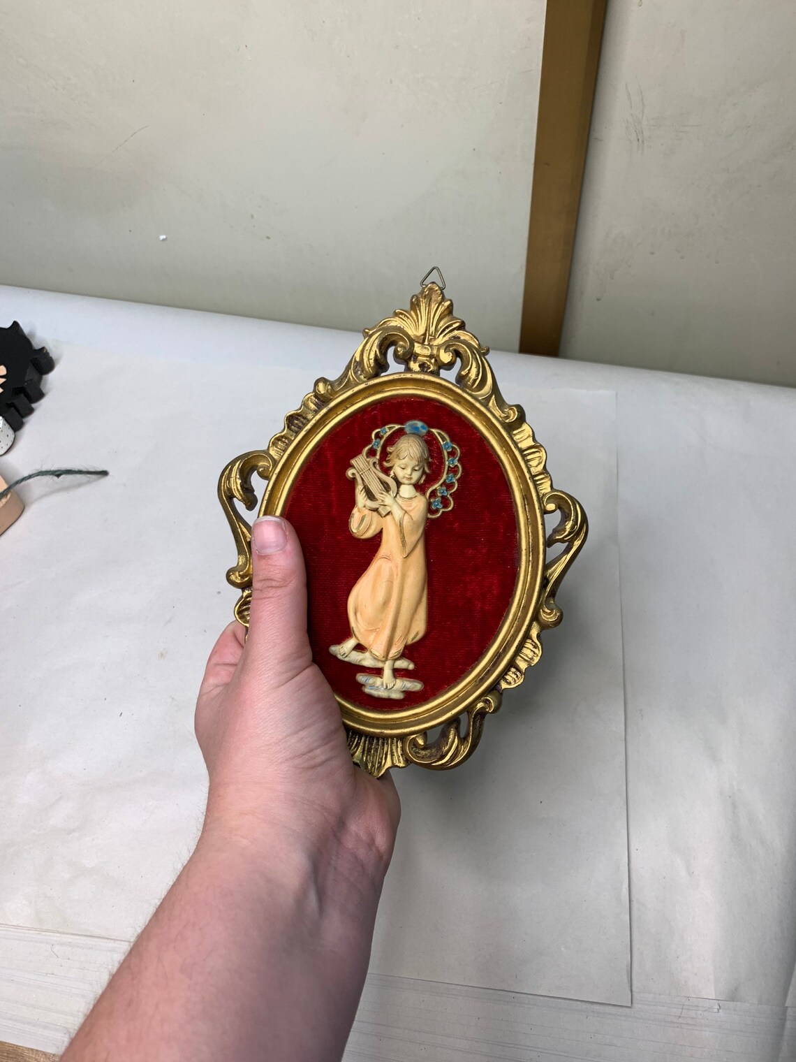 Vintage Velvet and Resin Baby Angel wall hanging Etsy