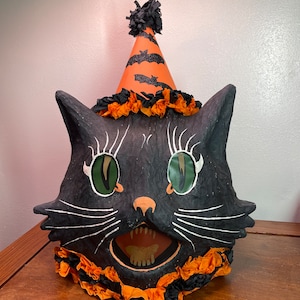 MASSIVE Black Cat Halloween Trick or Treat Bucket Bethany Lowe Paper Mache