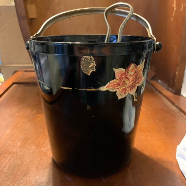 Ransourg Black Glass Icebucket with raised roses and original ice tongs