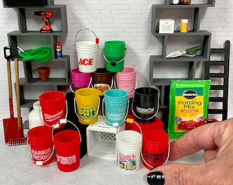 Mini 5 gallon buckets and miniature milk crates for 1:12 dollhouses