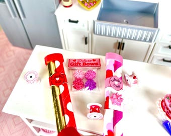 Miniature dollhouse Valentine wrapping paper bows and ribbon