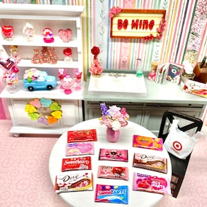 Miniature dollhouse Valentine candy packages and bags