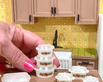 Miniature dollhouse dishes similar to pyrex or corningware  casserole