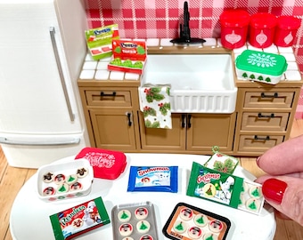 Miniature dollhouse Christmas cookie packages, cookies and cookie pans