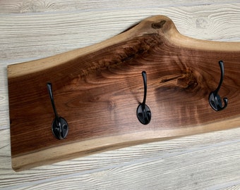 Live Edge Walnut Coat Rack: Wall Mounted Wood Coat Hooks