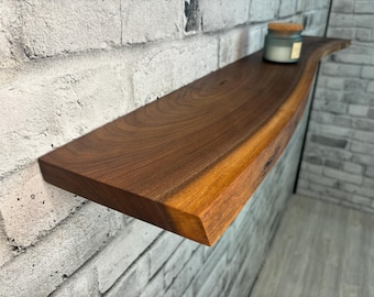 Live Edge Walnut Floating Shelf: Rustic Wood Shelves with Brackets