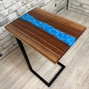 Live Edge Walnut Epoxy River End Table with C-Shaped Legs