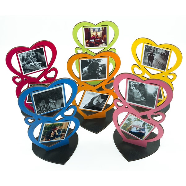 Cadres photo avec supports photo en forme de coeur, 12 portraits multicolores, supports de table pour cadres avec boîte en bois noire