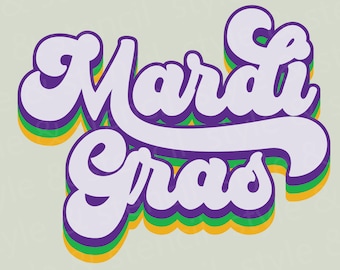 May include: A purple, green, and yellow graphic design with the text "Mardi Gras" in a retro font style.
