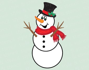 Könnte beinhalten: Ein Cartoon-Schneemann mit einem schwarzen Zylinder, einem roten Schal und einer grünen Stechpalme. Der Schneemann hat eine Karottennase, schwarze Augen und einen schwarzen Mund.