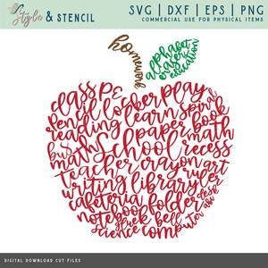 May include: A digital design featuring a red apple shape composed of school-related words like "math," "school," and "reading." The design includes the words "homework," "alphabet," and "education." The design is for commercial use.