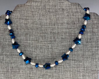 Handmade Dark Blue Glass Star and Silver Wire Spiral Necklace