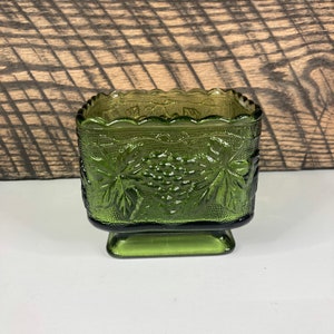 Vintage Square Pedestal Olive Green Glass Dish/Compote/Bowl