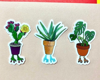 Roller Skating House Plants Sticker 3-pack! Monstera, Aloe, Prickly Pear on Skates