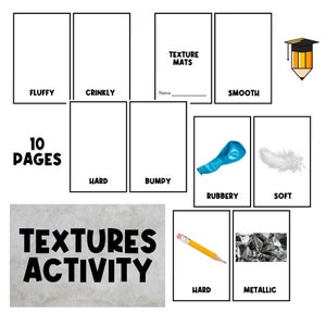 May include: A printable worksheet for kids to learn about textures. The worksheet includes 10 pages with different textures, such as fluffy, crinkly, hard, bumpy, rubbery, soft, and metallic. The worksheet also includes a title page that says "Texture Mats".