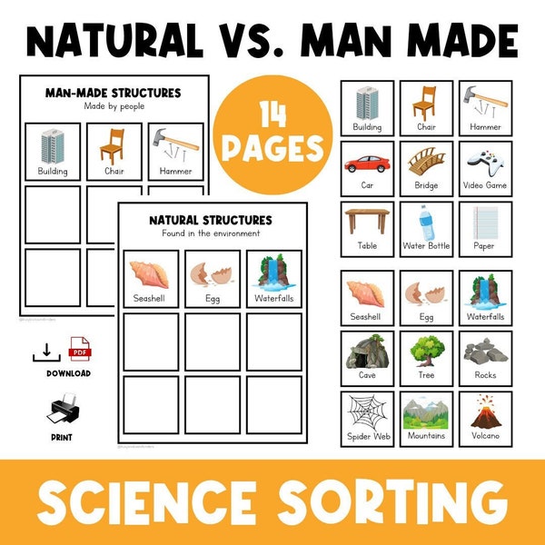 Science | Sorting | Worksheets | Grade One | Grade Two | Grade 3 | Natural | Man Made | Resources | Structures | Living Things | Non-Living
