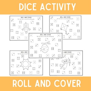 May include: A printable set of five black and white dice activity sheets. Each sheet features a different image, including a robot, a kite, a beehive, a sun, and a monkey. The instructions on each sheet read "Roll 1 die, Color or cover that matching die."