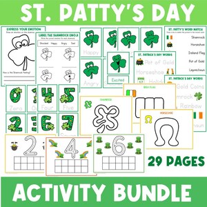 May include: A printable St. Patrick's Day activity bundle with 29 pages of educational activities for kids. The activities include coloring, tracing, word matching, and number recognition. The pages feature shamrocks, pots of gold, horseshoes, and other St. Patrick's Day symbols.