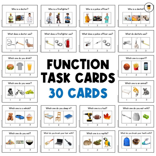 WH Questions | Functions Task Cards | Which One | Speech Therapy | ABA | Category | Autism | Flashcards for Kids | Multiple Choice