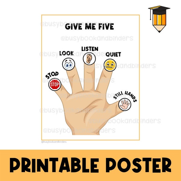 GIVE ME FIVE | Whole Body Listening | Classroom Poster | Daycare Poster | Educational Printable | Social Skills | Autism | Teachers