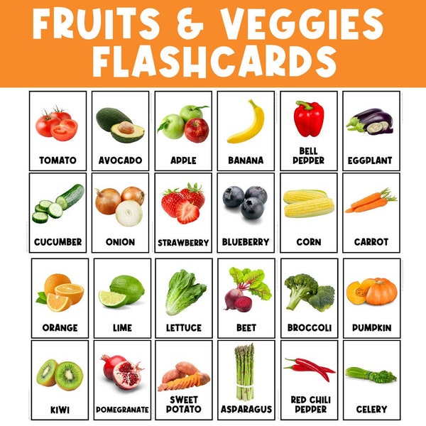 PHOTOS RÉELLES : cartes mémoire de fruits et légumes | Cartes éclair préscolaires | Images réelles | Livre occupé | Vocabulaire de la maternelle | Imprimables