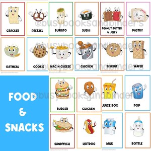 46 Tarjetas didácticas de alimentos Frutas / Verduras / Tarjetas flash imprimibles / Jardín de infantes / Palabras visuales / Comida rápida / Aperitivos / Comestibles / Compras