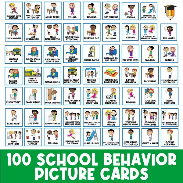 100 SCHOOL BEHAVIORS | School Expectations  | Student Behaviour | Behavior Chart | Task Card | Special Needs | Autism | Homeschool | Rules