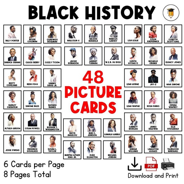 48 cartes illustrées BLACK HISTORY | Présentoir pour babillard | Décoration histoire des Noirs | Afro-américain | Graphique de poche | Aide visuelle | Flashcards