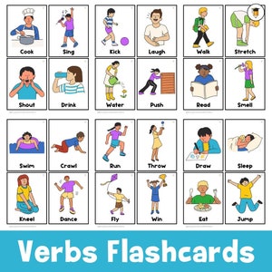 May include: A set of 18 colourful flashcards featuring illustrations of people performing various actions, such as cooking, singing, kicking, laughing, walking, stretching, shouting, drinking, watering plants, pushing, reading, smelling, swimming, crawling, running, throwing, drawing, sleeping, kneeling, dancing, flying, winning, eating, and jumping. The flashcards are labelled with the corresponding verb.