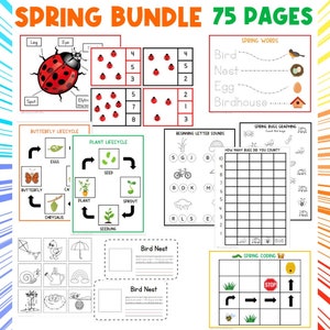 Op de afbeelding: Een printbare lente-thema educatieve activiteitenbundel voor kinderen. De bundel bevat 75 pagina's met activiteiten zoals het tellen van lieveheersbeestjes, het traceren van lentewoorden en het leren over de levenscycli van vlinders en planten. Er zijn ook activiteiten voor beginletters, lente-insectengrafieken en lentecodering.