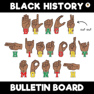 May include: Black History Month spelled out in American Sign Language with each letter in a different color. The letters are red, yellow, green, and black. The letters are outlined in black. The image is for a bulletin board.