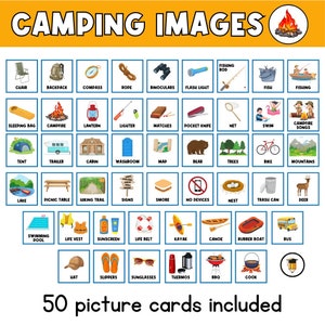 50 CAMPING PICTURE CARDS | Events and Places | First Then Visual Aid | Outdoors |  Campground | Task Card | Autism | Community | Summer Camp