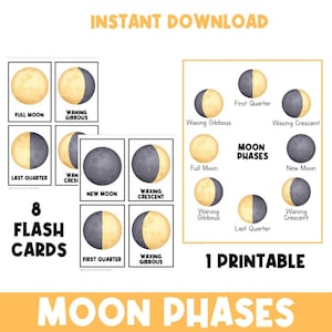 Puede incluir: Ocho tarjetas de memoria imprimibles con ilustraciones de las ocho fases de la luna. Las tarjetas están etiquetadas con los nombres de cada fase lunar: Luna nueva, Luna creciente, Cuarto creciente, Luna gibosa creciente, Luna llena, Luna gibosa menguante, Cuarto menguante y Luna menguante.