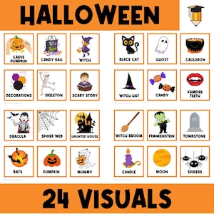 24 karty obrazkowe na Halloween | Wydarzenia i miejsca | Najpierw pomoc wizualna | Zachowanie malucha | Karta zadań | Autyzm | Święta | Październik