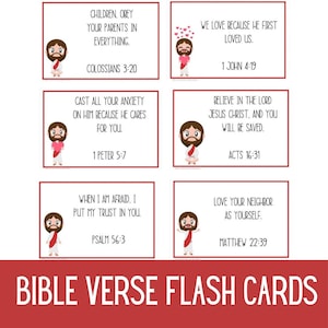 May include: Set of 6 colorful flash cards with bible verses and illustrations of Jesus. The cards feature verses like "Children, obey your parents in everything." and "Love your neighbor as yourself."