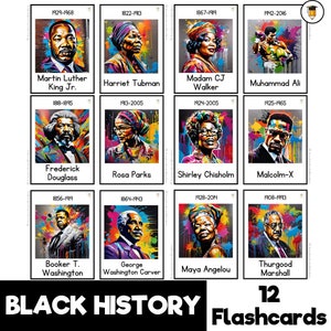 COPIE PHYSIQUE : 12 cartes mémoire sur l'histoire des Noirs | Affichage du tableau d'affichage | Décor de l’histoire des Noirs | Histoire afro-américaine | Célèbre Noir
