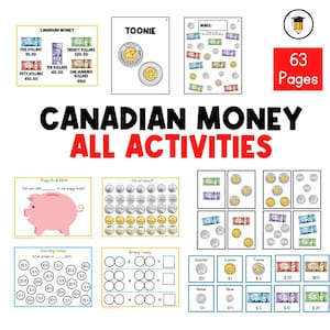 May include: A set of 63 printable worksheets for teaching children about Canadian money. The worksheets feature various activities, including counting coins, adding money, and making change. The worksheets include images of Canadian coins and banknotes.