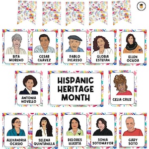 May include: A colorful printable poster with illustrations of Hispanic heritage month honorees. The poster features the text "Hispanic Heritage Month" in a large, bold font. The poster is decorated with colorful floral patterns.