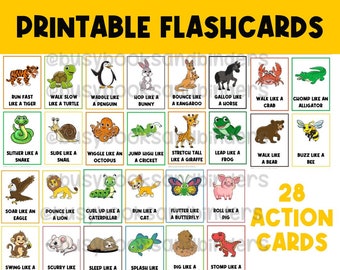 Flashcards voor beweging van dierenfitness | Oefeningen voor kinderen | Flashkaarten voor kinderen | Activiteiten | Lichamelijke opvoeding | Bewegingspauze-activiteit