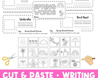 Könnte beinhalten: Ein ausdruckbares Arbeitsblatt für Kinder, um das Schreiben von Frühlingswörtern zu üben. Das Arbeitsblatt enthält Bilder von einem Drachen, einem Regenbogen, einem Regenschirm, einem Vogelnest und anderen Frühlingsmotiven. Die Wörter sind in Schwarzweiß geschrieben, und die Bilder sind in Schwarzweiß.