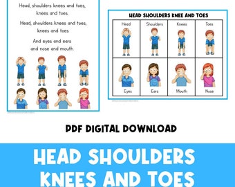 May include: Two pages of a printable activity for kids. The first page has the lyrics to the song "Head, Shoulders, Knees and Toes" and illustrations of children pointing to their body parts. The second page has a grid with illustrations of children pointing to their head, shoulders, knees, toes, eyes, ears, mouth, and nose.