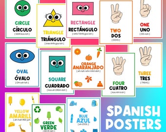 Spanish Posters | Numbers 1 to 10 | Colors | Shapes | Preschool | Classroom Printable | English Spanish Activities | Espanol | Download