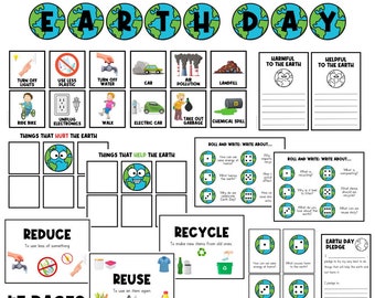 May include: A colorful Earth Day bundle with 47 pages of activities, including printable worksheets, dice games, and writing prompts. The bundle features illustrations of the Earth, recycling, and other Earth Day themes.